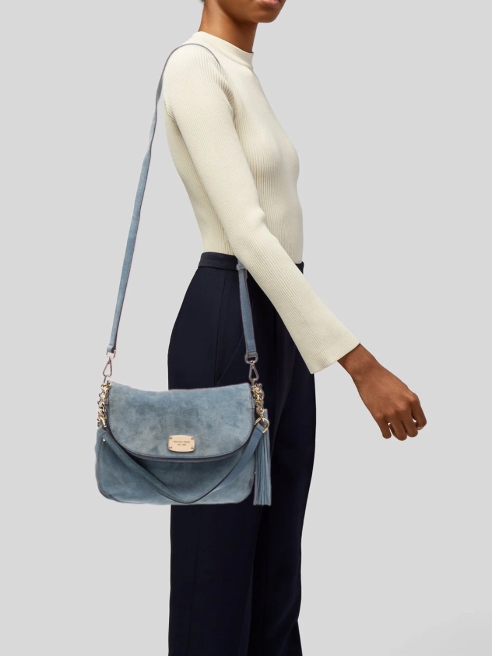 Michael Kors Light Blue Suede Crossbody Bag with Gold Hardware